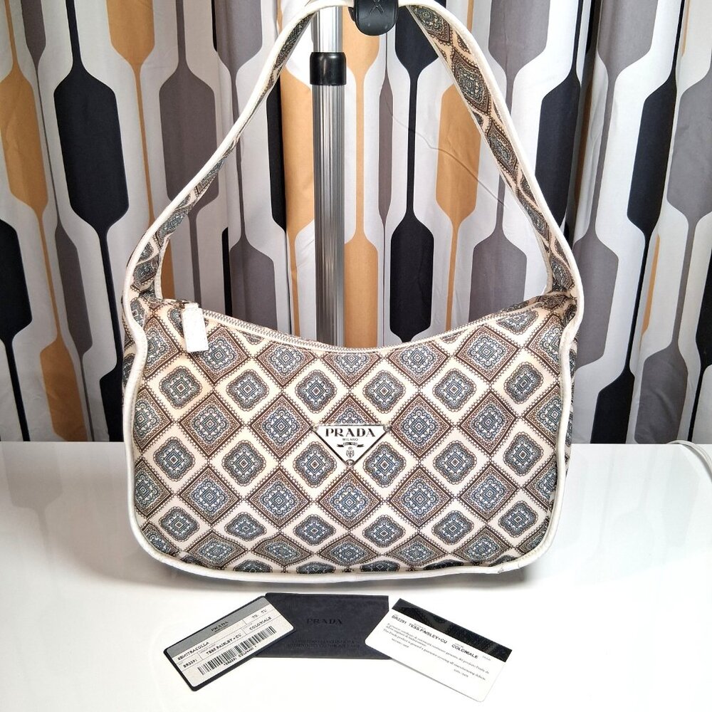 Vintage RARE Prada Hobo Handbag Blue Brown Paisley Nylon Leather Trim Medium